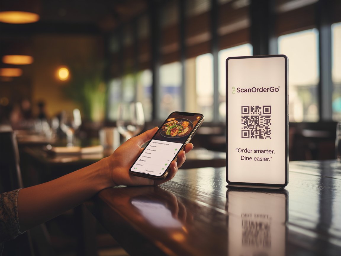 A customer using the ScanOrderGo app on a smartphone to order from a digital menu at a restaurant table.